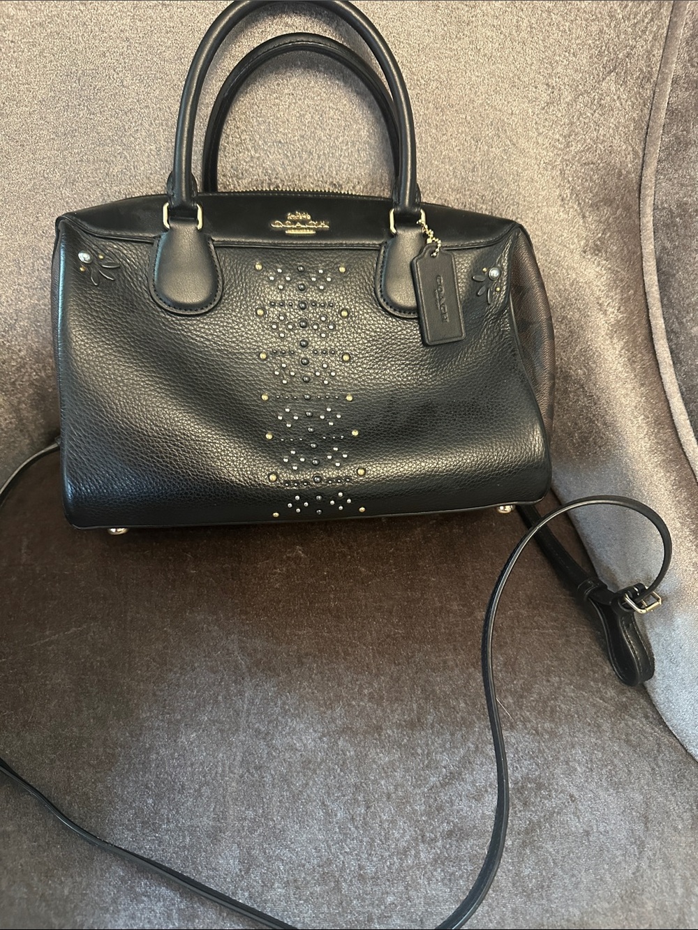 Coach Black Leather Satchel with Gold and Silver Stud Detailing